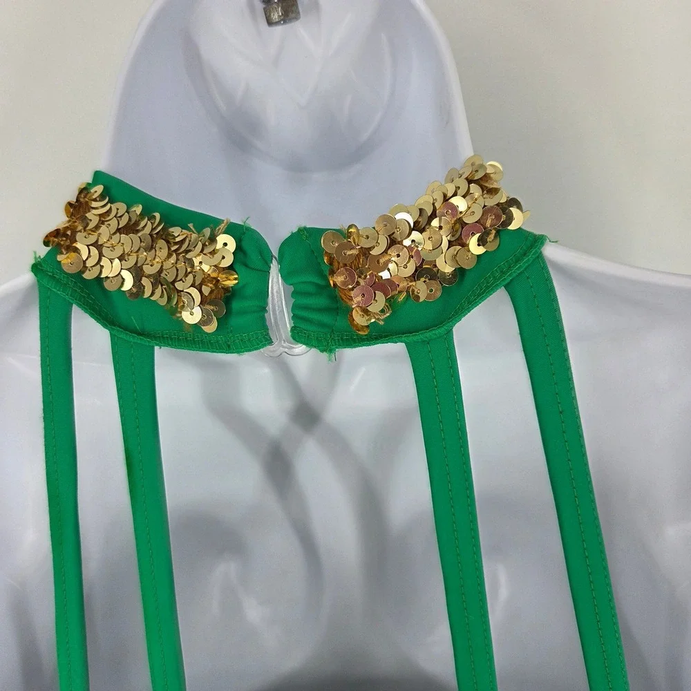 Weissman Green Gold Sequin Dance Costume Halter Strappy Back LC Performance